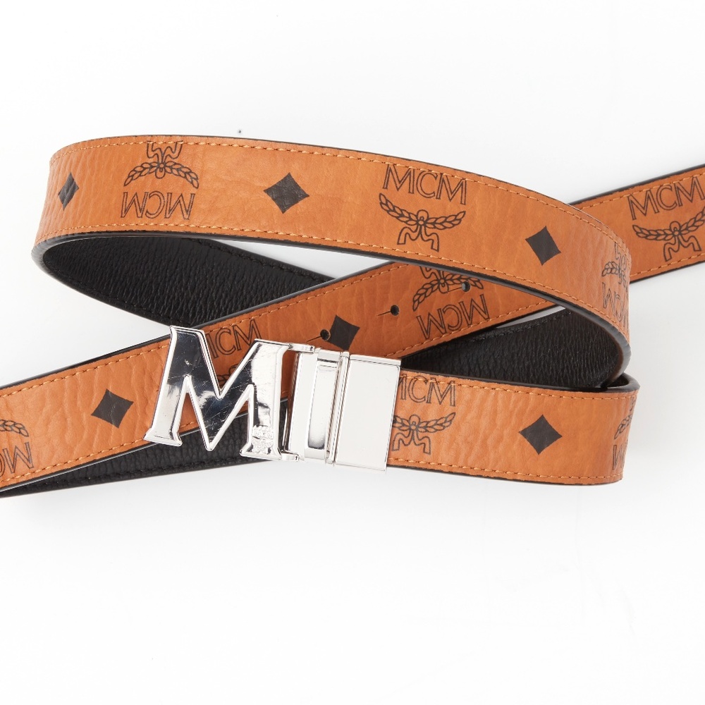 MCM CLAUS M MONOGRAM BELT SILVER BUCKLE 2-SIDED REVERSIBLE BELT ADJUSTABLE
